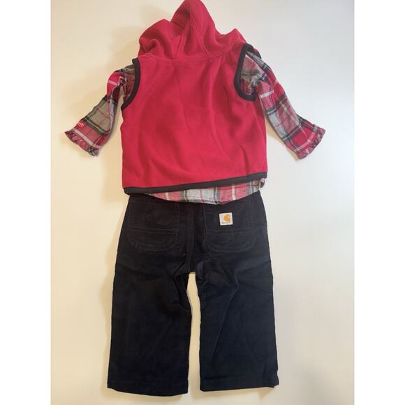 Carhartt Girls 3 Piece Corduroy Black Pants Pink Vest Flannel Plaid Top 3 Months - Picture 3 of 6